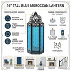 Vela Lanterns Decorative Indoor Candle Holder Table Centerpieces - Moroccan Hanging Outdoor Patio & Porch Home Decor, Turkish Floor Lamp for Wedding, Ramadan (Extra Large 16", Blue Glass) - Image 5