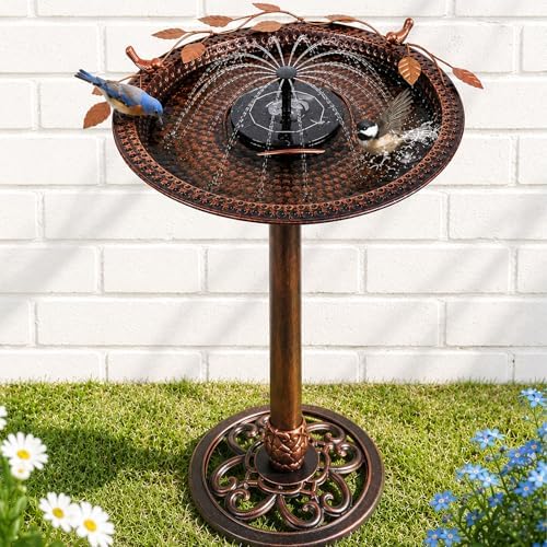 Metal Bird Bath with Solar Fountain Pump & LED Lights, 34" Tall Iron Birdbath for Outdoors, Heavy Duty Cast Iron Pedestal Bird Bath for Garden Yard Patio Lawn Deck, Bronze Finish by BSTWISH