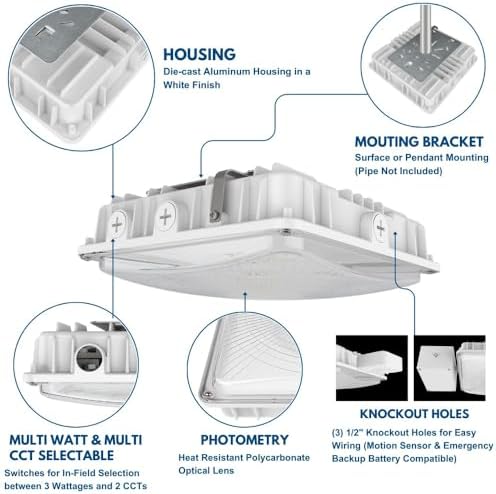 Konlite 63W/45W/30W LED Canopy Light - Selectable - 5000K/4000K - 9,360LM - Dimmable - 120-277V - 250W Equal, Residential & Commercial Indoor & Outdoor Light Fixture, UL, White - 6 Pack - Image 4