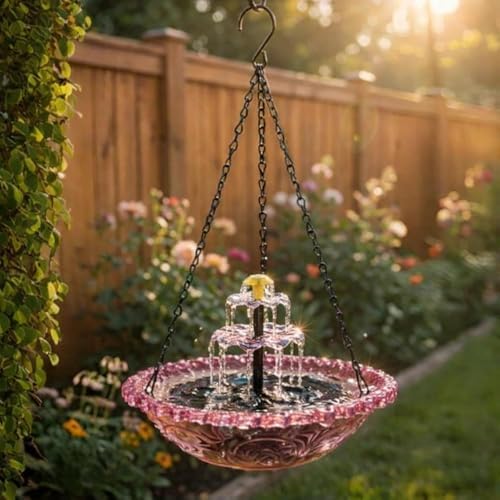 Solar Hanging Bird Bath Fountain, Solar Powered Cascading Outdoor Water Fountain, with Solars Pump, Outdoors Decor Hummingbird Bath Shower Bowl Kit Garden Gift Yard Patio Backyard Decoration (Pink) by Unknown