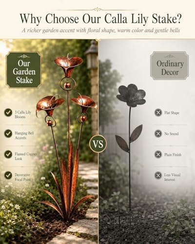 Flamed Copper Three Calla Lilies Garden Stake with Bells, 24 Inch Metal Flower Yard Art Decor, Handmade Rain Catcher Sculpture, Rustic Wind Chime Ornament for Patio Lawn Backyard Gift Idea - Image 6
