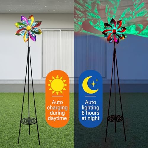69" Metal Wind Spinners Outdoor with Plant Rack,3 Legs Colorful Windmill - Image 2