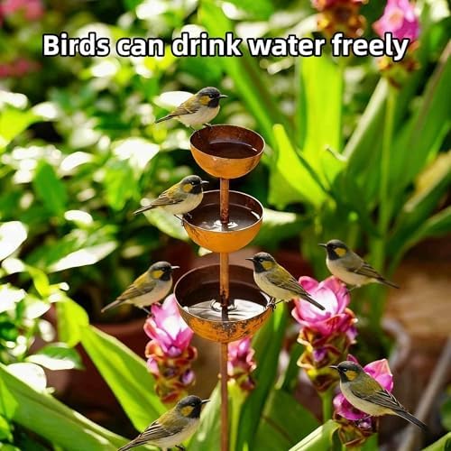 3-Tiered Cascading Rain Catcher Garden Stake, Rust Patina Metal Bird Bath with Water Bowls, 26.7 Inch Outdoor Garden Decor & Plant Support for Yard, Flower Beds & Patio - Image 6