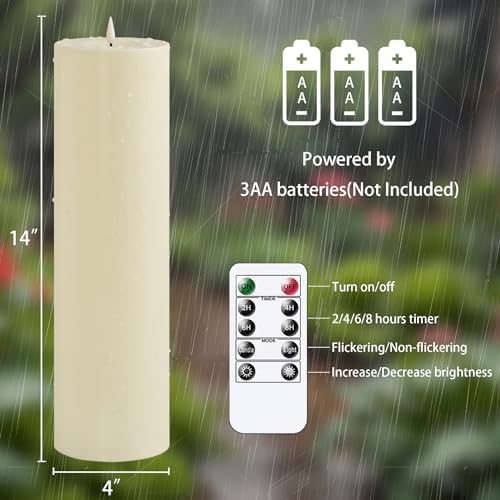 Yeelida 4" x14" Flameless Flickering Waterproof Candles with Remote, LED Battery Operated Timer Plastic Ivory Pack of 2 Pillar Candles for Outdoor Use (Long Lasting 420+ Hrs) - Image 4