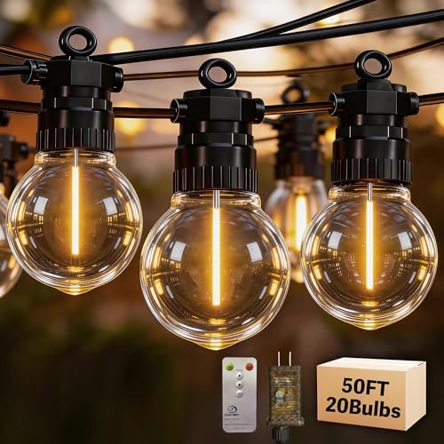 50FT Outdoor String Lights with Remote, 20 Dimmable Shatterproof LED G50 Bulbs, Waterproof Patio & Backyard Lights for Pergola, Deck, Garden, Bistro, Commercial Grade Hanging Lights by Unknown