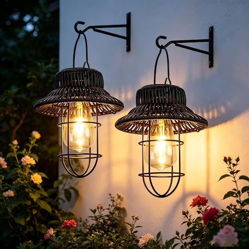 pearlstar Solar Lanterns Outdoor Waterproof Hanging Solar Lights Outside Wall Sconce Lights with Edison Bulbs for Patio Porch Fence Garden Yard Garage Decor&Gifts (2Pack Black Rattan Woven) by pearlstar