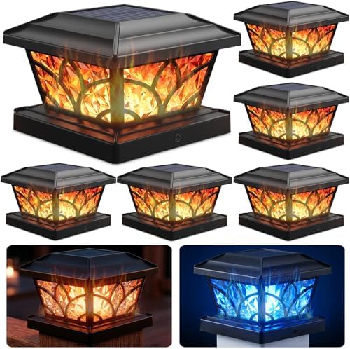 SIEDiNLAR Flickering Flame Solar Post Cap Lights 4 Modes 6 Pack (Black) by Siedinlar