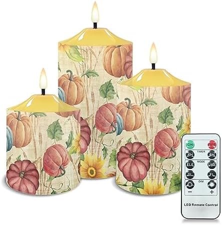 Cozeyat Flameless Candles with Remote Aesthetic Indoor Decor Pumpkin Print Electric LED Candles for Thanksgiving Day Flickering Pillar Tea Lights Candles Battery Operated Set of 3 by Cozeyat