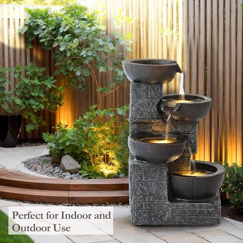 4 Tiered Waterfall Fountains, Outdoor Water Fountains with LED Lights, Garden Outside Brick Waterfalls, Modern Cascading Flow Fountain for Garden, Yard, Patio, Home Decor (Brown) - Image 3