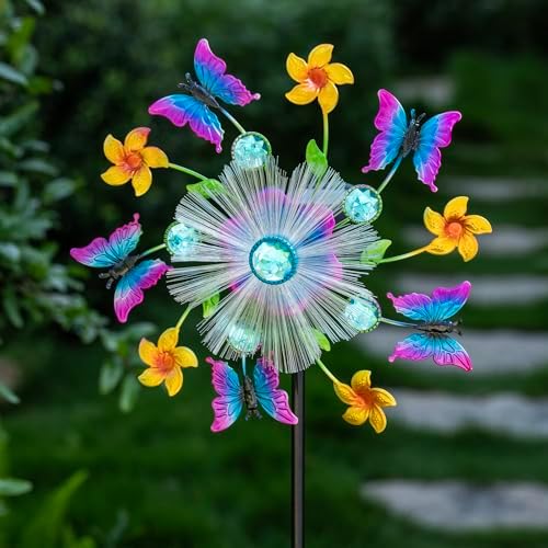 44" Butterfly Wind Spinners Garden Stake, Solar Flower Butterfly Wind Sculpture Yard Art Decorations for Lawn, Patio & Yard & Garden Decor, Metal Whirligigs Wind Spinners Outdoor Decor - Image 4
