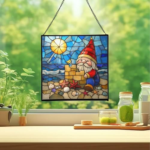 Beach Day Gnome Stained Glass Suncatcher – Square Hanging Window Panel for Home or Greenhouse – Whimsical Glass Art Gift for Garden Lovers, Christmas, Halloween, Father Days GWNf1E - Image 2