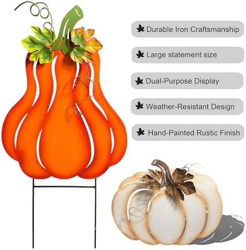 Fall Harvest Metal Pumpkin Garden Stakes, Set of 3, Orange White Green, Autumn Yard Decor - Image 4
