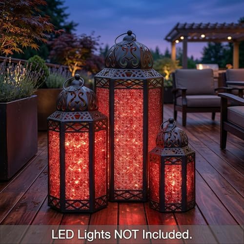 Vela Lanterns Decorative Outdoor for Patio/Porch - Floor Moroccan Candle Holder Set of 3 - Turkish Lamps, Table Centerpieces, Hanging Outdoor Decor for Wedding, Ramadan (XL, Large, Small - Red Glass) - Image 4