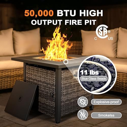 Nuu Garden Propane Fire Pit Table, CSA Certified 30 Inch 50,000 BTU Outdoor Propane Gas Cabinet Square Fire Pit Table, Iron Tabletop, Rattan and Iron Frame, with Lid and Fire Glass Beads, Black - Image 5