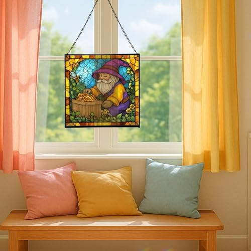 Gnome Beekeeping Stained Glass Suncatcher – Square Hanging Window Panel for Home, Garden, Nursery, Halloween, Christmas, Memorial Day – Whimsical Glass Art Gift for Gnome Lovers b9jpfw - Image 5
