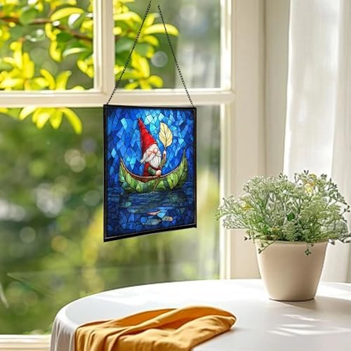 Gnome Canoe Ride Stained Glass Suncatcher – Square Hanging Window Panel for Home or Greenhouse – Whimsical Glass Art Gift for Garden Lovers, Christmas, Halloween, Father Days WaScGY - Image 3