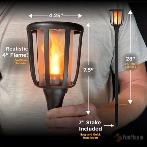 FoxFlame Rustic Solar Torch Lights, Solar Tiki Torches,Patented Fire Effect - Image 4