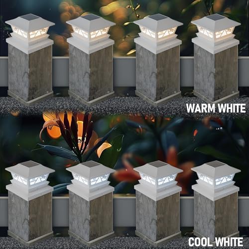 TW SHINE 6 Pack 4x4 Solar Post Cap Lights, 2 Modes White Solar Fence Lights Waterproof Warm White/Cool White for Yard, Garden, Porch Decor, for 5x5 6x6 Wood Posts - Image 3