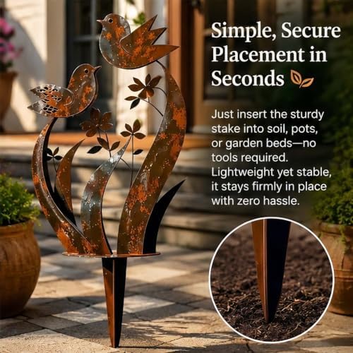 Rustic Bird & Flower Metal Garden Stake, Rusty Paint (2, 17.7) - Image 5