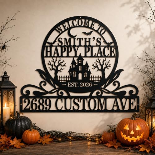 Personalized Halloween House Number Sign, Custom Family Name Address Sign by custommetalsign
