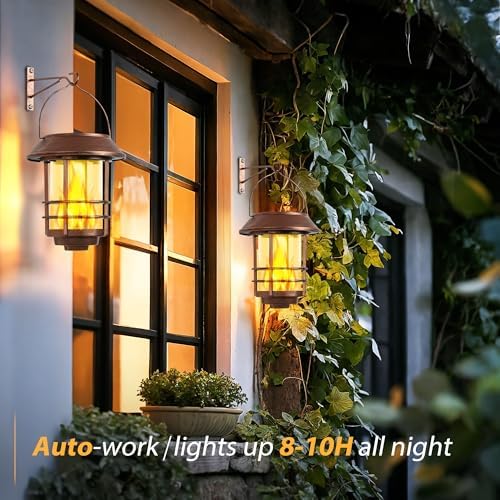 Otdair Solar Lanterns Outdoor Waterproof Flickering Flame 2 Pack Red Bronze - Image 3
