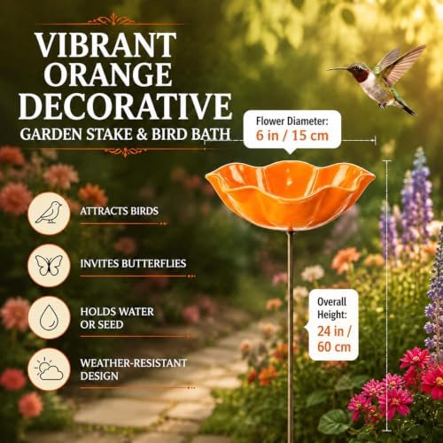Handmade Metal Flower Bird Bath, Bee & Butterfly Watering Station, Decorative Outdoor Garden Stake with Vibrant Glossy Bowl for Yard Patio Lawn Planter - Image 2