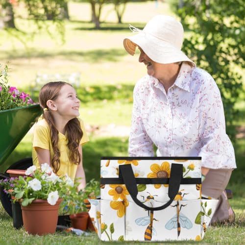 Garden Tool Bag Flying Bees Daisies Honey Garden Tool Storage Bag with Pockets Handle Portable Garden Tote Bags for Indoor Outdoor Gardening - Image 6