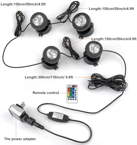 RGB Pond Lights with Timer, LED Underwater Submersible Colorful Landscape Spotlights, 98ft Remote Control IP68 Waterproof Fountain Lights for Fish Aquarium Tank Garden Yard Pool (Set of 4) - Image 6
