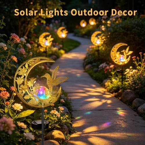 Solar Lights Outdoor Decor Hummingbird Colorful Cracked Glass Moon Lights - Image 2