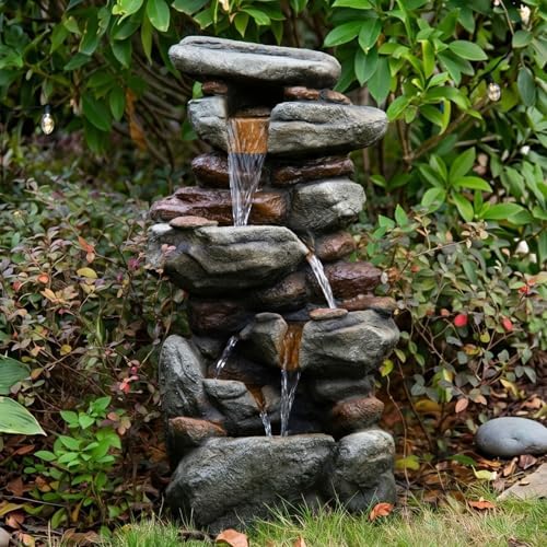 Outdoor Water Fountain with LED Lights, 30" Stacked Rock Cascading Water Feature, Freestanding Garden Fountain for Patio, Backyard, Balcony, Deck, Porch, Housewarming Gift - Image 6