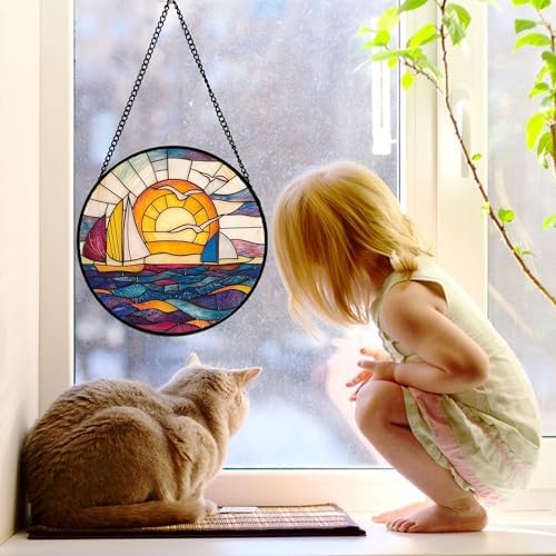 Sunset Sailboat Stained Glass Window Hanging Suncatcher Gifts Decor 12" - Image 4