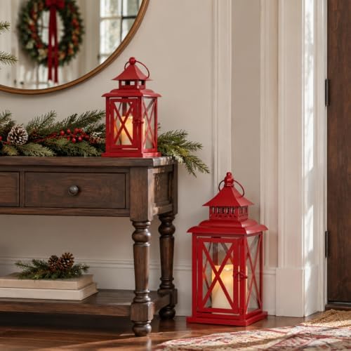 NEEDOMO Christmas Lanterns, Set of 2 Red Candle Lanterns for Porch, Large Vintage Metal Lanterns, Farmhouse Christmas Decor for Patio, Fireplace Mantel, Table, Pathway & Garden - Image 5