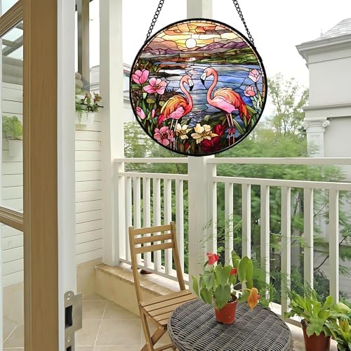 Stained Glass Window Hanging - Flamingo Wildflowers Landscape Suncatcher for Door Terrace Garden Home Decor Sunset Lake Sun Catcher Birthday Gifts for Lovers Women Men Dad Mom Nana 9.8 in - Image 6