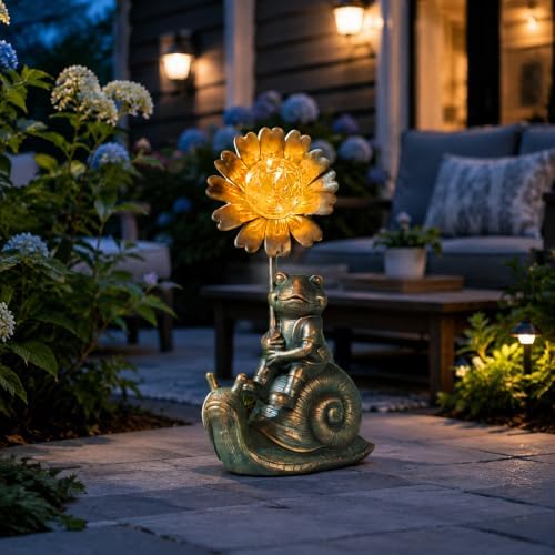 Solar Powered Frog on Snail Sculpture with Iron Flower & Glass Ball, Outdoor Garden Accent - Image 3