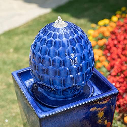 Glitzhome Water Fountain Outdoor with LED Light, Oversized Ceramic Pedestal Garden Fountains Outdoor, Artichoke Outdoor Fountains and Waterfalls Water Feature, Cobalt Blue, 35.75" H - Image 6
