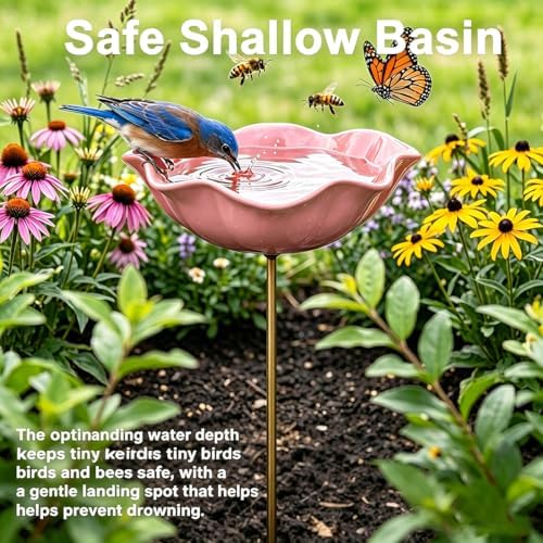 Handmade Metal Flower Garden Stake Bird Bath Bowl, Pink-3abc - Image 6