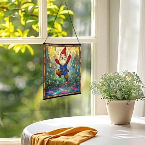 Raindrop Dance Gnome Stained Glass Suncatcher – Square Hanging Window Panel for Home or Greenhouse – Whimsical Glass Art Gift for Garden Lovers, Christmas, Halloween, Father Days 5CgFwp - Image 3