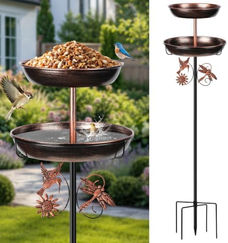 Outdoor Freestanding 2‑in‑1 Bird Bath & Feeder, 43 Inch Vintage Metal Bird Bowl with Upgraded 5‑Pronged Stable Ground Stake Base, Decorative Ornament for Lawn, Yard & Garden by Unknown