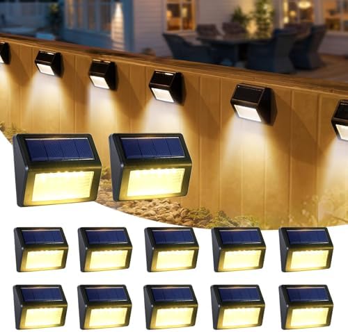 Bright Solar Fence Lights, 12 Pack Outdoor Step Lights, IP65 Waterproof, 3000K Warm-White, Dusk to Dawn Outdoor Lighting with 6 LED for Wall, Garage, Patio, Exterior, Porch - Image 2