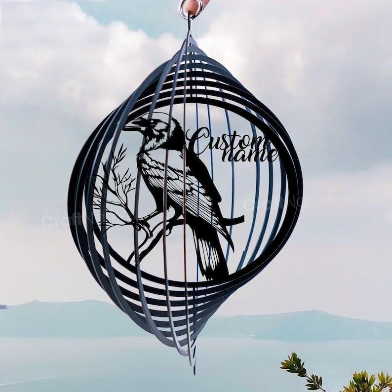 Personalized Raven Metal Wind Spinner, Custom Gothic Bird Hanging Yard Art, Outdoor Garden Decor (Raven Garden Wind Spinner) by Linktee