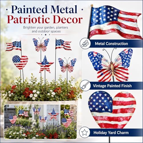 8 Pcs 4th of July Decorations Outdoor,Patriotic Metal Stars Butterflies Hearts Flags Decorative Garden Stakes for Independence Day 250th Anniversary,Americana Yard Signs Decor for Garden Lawn Porch - Image 4