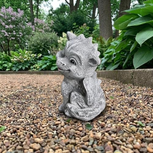 OLOMA Blinking Little Dragon Concrete Statue Outdoor Handcrafted Garden Decor Cement Gargoyle Statue Outdoor Rustic Ornament Fantasy Creature Sculpture Patio Yard Lawn Gothic Garden Decor - Image 4