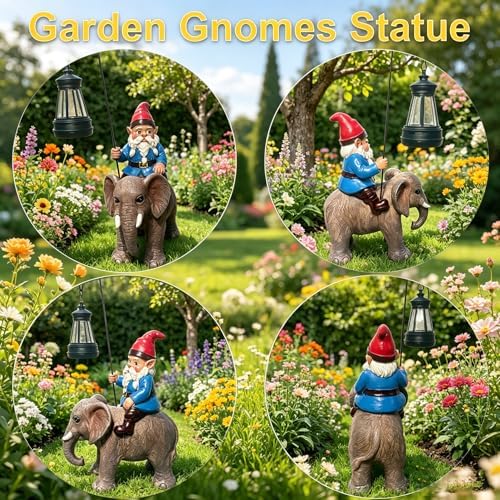 Garden Gnome Riding Elephant Statue Decoration, Funny Resin Solar Gnome with Hanging Lantern for Lawn Patio Yard Garden Outdoor Decor, Gifts for Mom Women and Men (Gnome-G) - Image 4