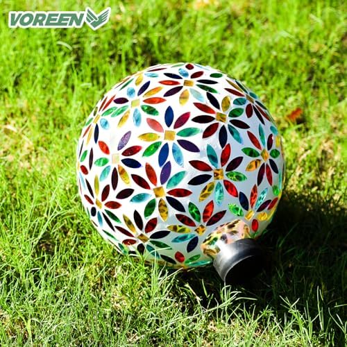 VOREEN Mosaic Glass Gazing Ball, Handmade Reflective Garden Globe for Outdoor Patio Lawn Yard Decor, 10" Multi-Colored Flower Pattern, Festive Decoration for Holiday Atmosphere - Image 6