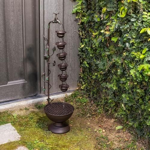 Alpine Corporation MAZ254 Outdoor Floor Tiered Vintage Water Fountain w/ 6 Hanging Cups, Soothing Tier Waterfall, 38", Bronze - Image 2