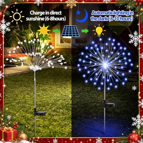 Tujoe 4 Pcs White Snowflake Solar Lights 90 LED 8 Modes Waterproof - Image 6