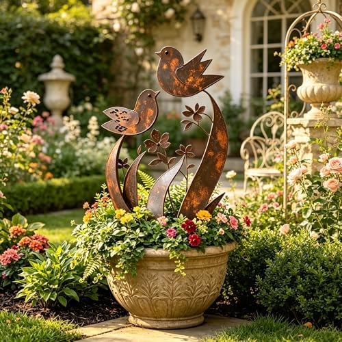 Bird & Wildflower Metal Garden Stake, Bird & Wildflower Metal Yard Art Flower Garden Stakes, Decorative Outdoor Plant Stake with Rusty Paint Process for Lawn Yard Garden Patio (1PCS) - Image 4