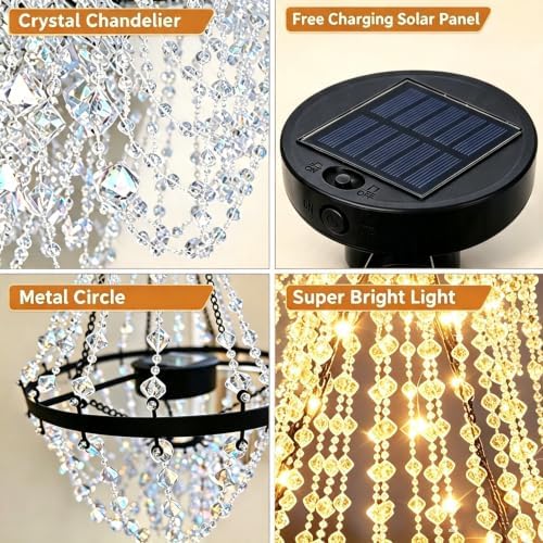 Solar Hanging Crystal Chandelier, Waterproof LED Outdoor Garden Decor Light - Image 3
