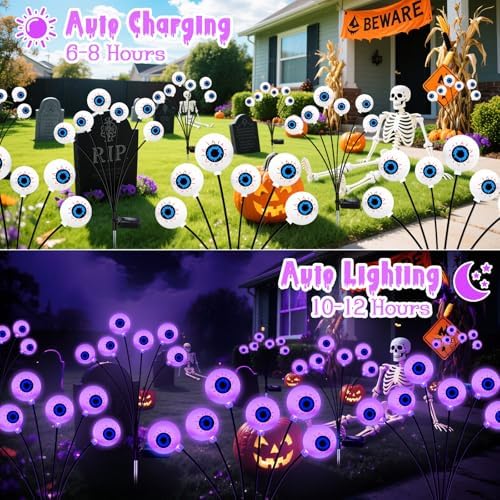 Kohlrabi Halloween Decorations Outdoor, 4 Pack 24 LED Solar Purple Scary Eyeball Swaying Lights, Solar Firefly Light Waterproof Outdoor Garden Lights for Halloween Yard Party - Image 3