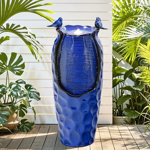 Autodaya 33" Vase Ceramic Outdoor Water Fountain with Lights and Birds by Unknown